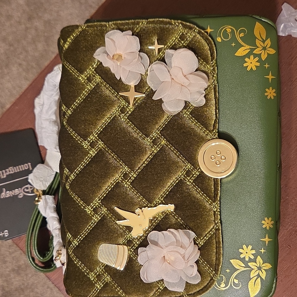 Loungefly Green Quilted Velvet Floral Crossbody Bag with Gold Accents